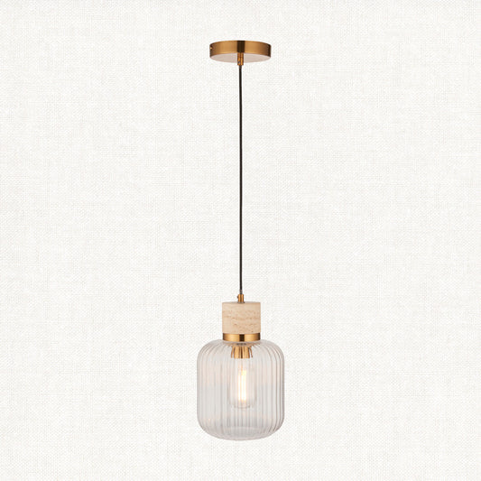 Natural Travertine, Vintage Brass & Clear Ribbed Glass