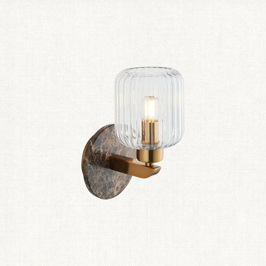 Dark Brown Emperador Marble, Vintage Brass & Clear Ribbed Glass
