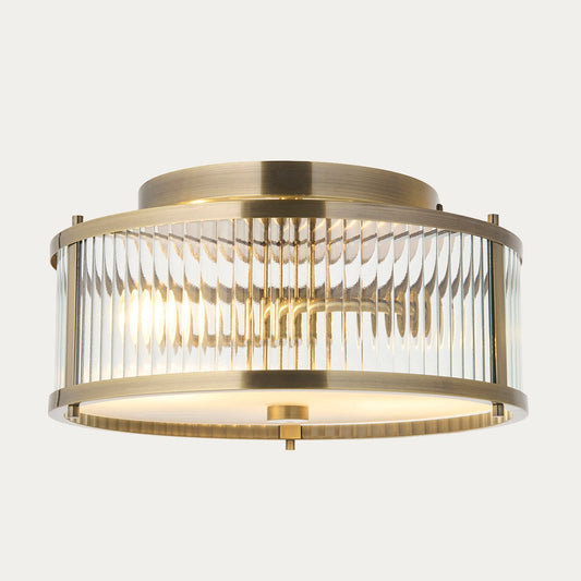 Radley 2 Light Flush Bathroom Ceiling Light in Antique Brass with Ribbed Glass