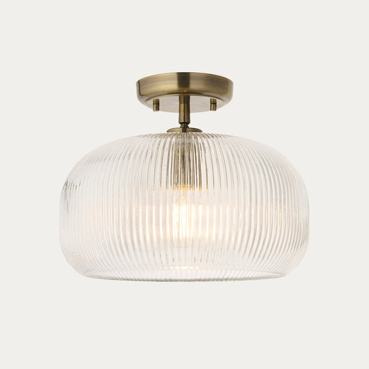 Harmont Ceiling Light Fixture Flush Mounted in Antique Brass and Ribbed Glass