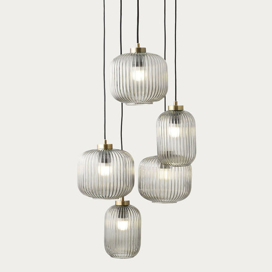 MADE Briz Giant Ceiling Light in Cluster with Antique Brass and Ribbed Grey Glass