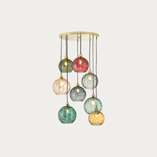MADE Ilaria 8 Light Large Ceiling Light with Green Glass Lamp Shades and Polished Brass Details