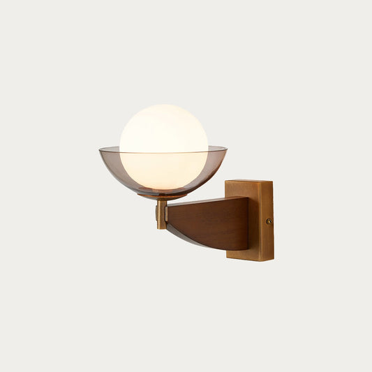 MADE Layla Wood Wall Light in Antique Brass with Opal Glass Lamp Shades