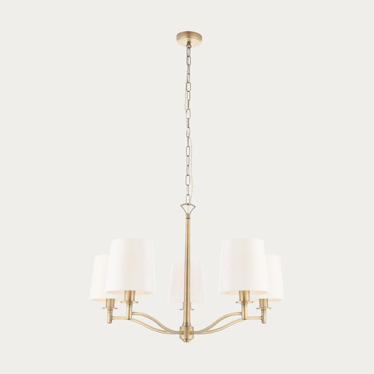 Odell Five Light Pendant in Antique Brass with Vintage White Fabric
