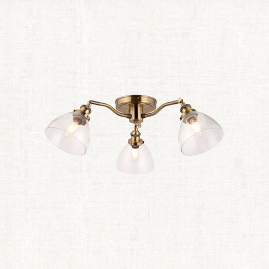 Marlowe Clear Glass Three Light Semi Flush Light in Antique Brass
