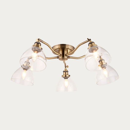 Marlowe Clear Glass Five Light Semi Flush Light in Antique Brass