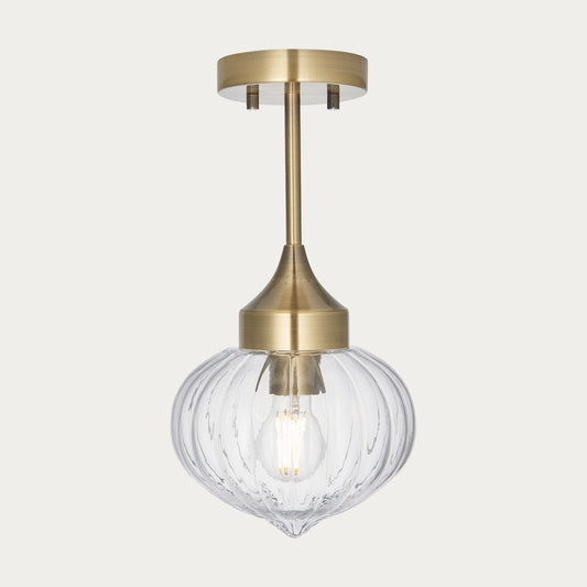 Teardrop Clear Ribbed Glass Semi Flush Light in Antique Brass