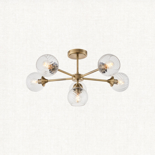 Madeline Spiral Glass Six Light Semi Flush Light in Antique Brass