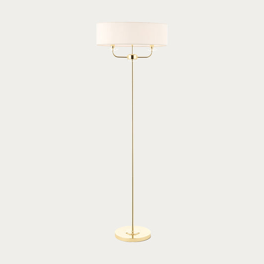 Roosevelt Two Light Floor Lamp in Brass with Vintage White Fabric Shade