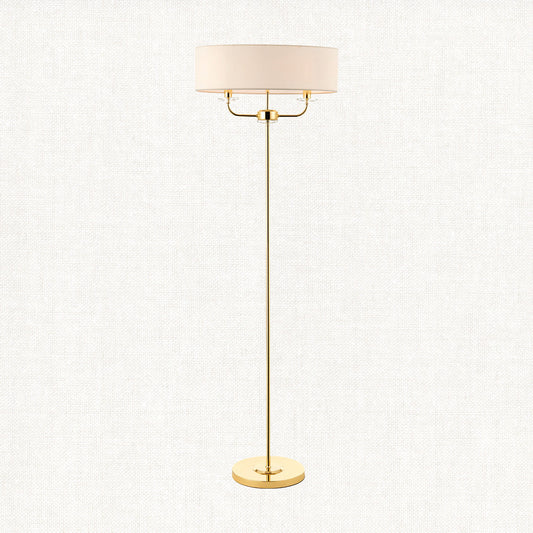 Roosevelt Two Light Floor Lamp in Brass with Vintage White Fabric Shade