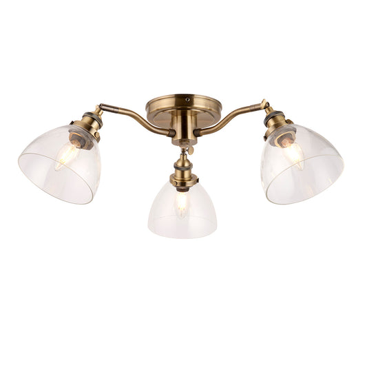 Marlowe Clear Glass Three Light Semi Flush Light in Antique Brass