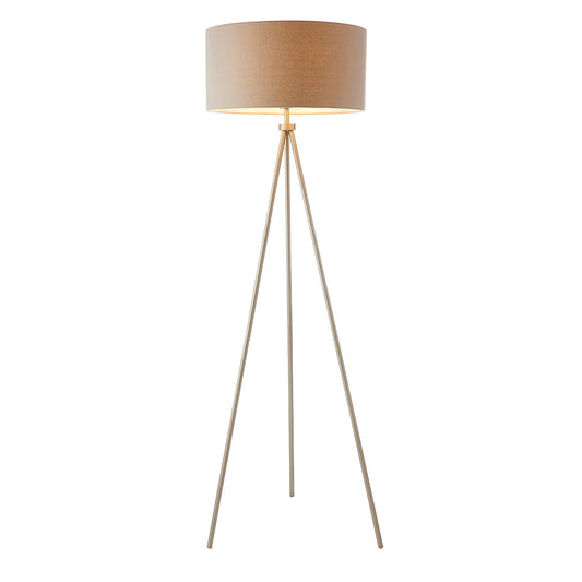 Milo Tripod Floor Lamp in Matt Nickel with Grey Fabric Shade