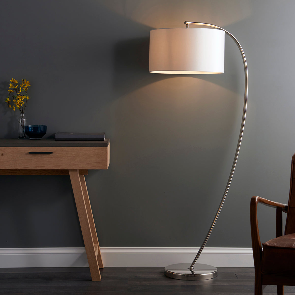 Seraphina Floor Lamp in Bright Nickel and Vintage White Fabric