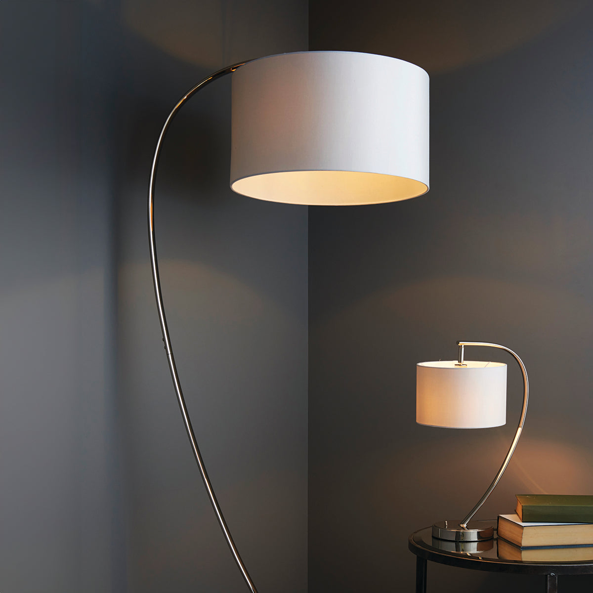 Seraphina Floor Lamp in Bright Nickel and Vintage White Fabric