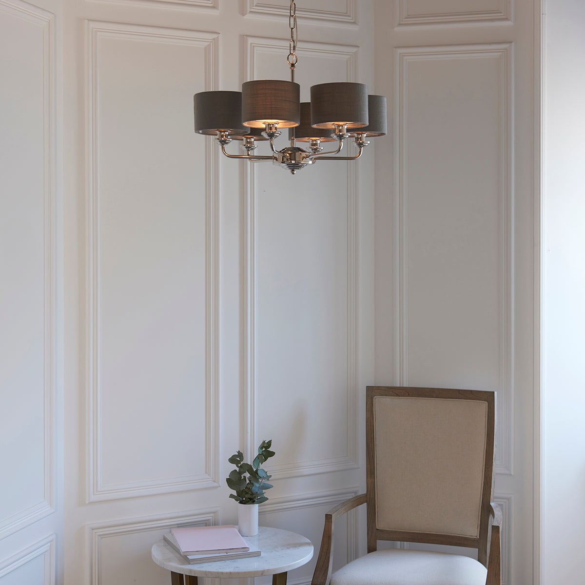 Bright nickel plate & charcoal fabric