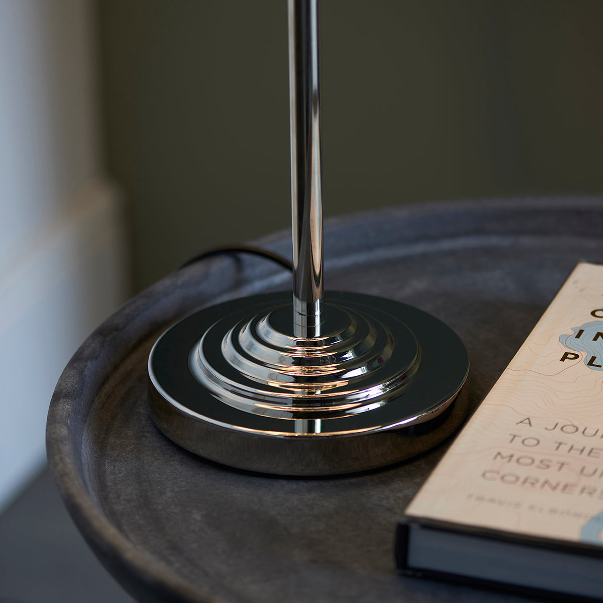 Bright nickel plate & charcoal fabric