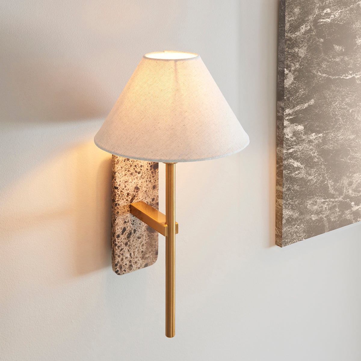 Dark Brown Emperador Marble & Vintage Brass With Natural Linen