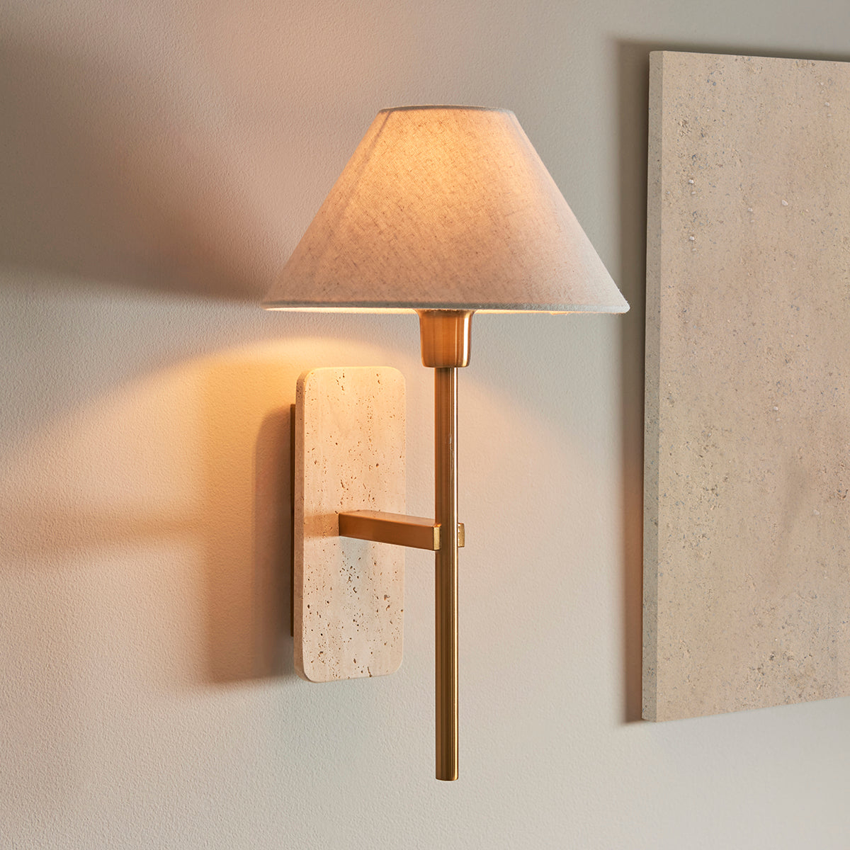Natural Travertine & Vintage Brass With Natural Linen