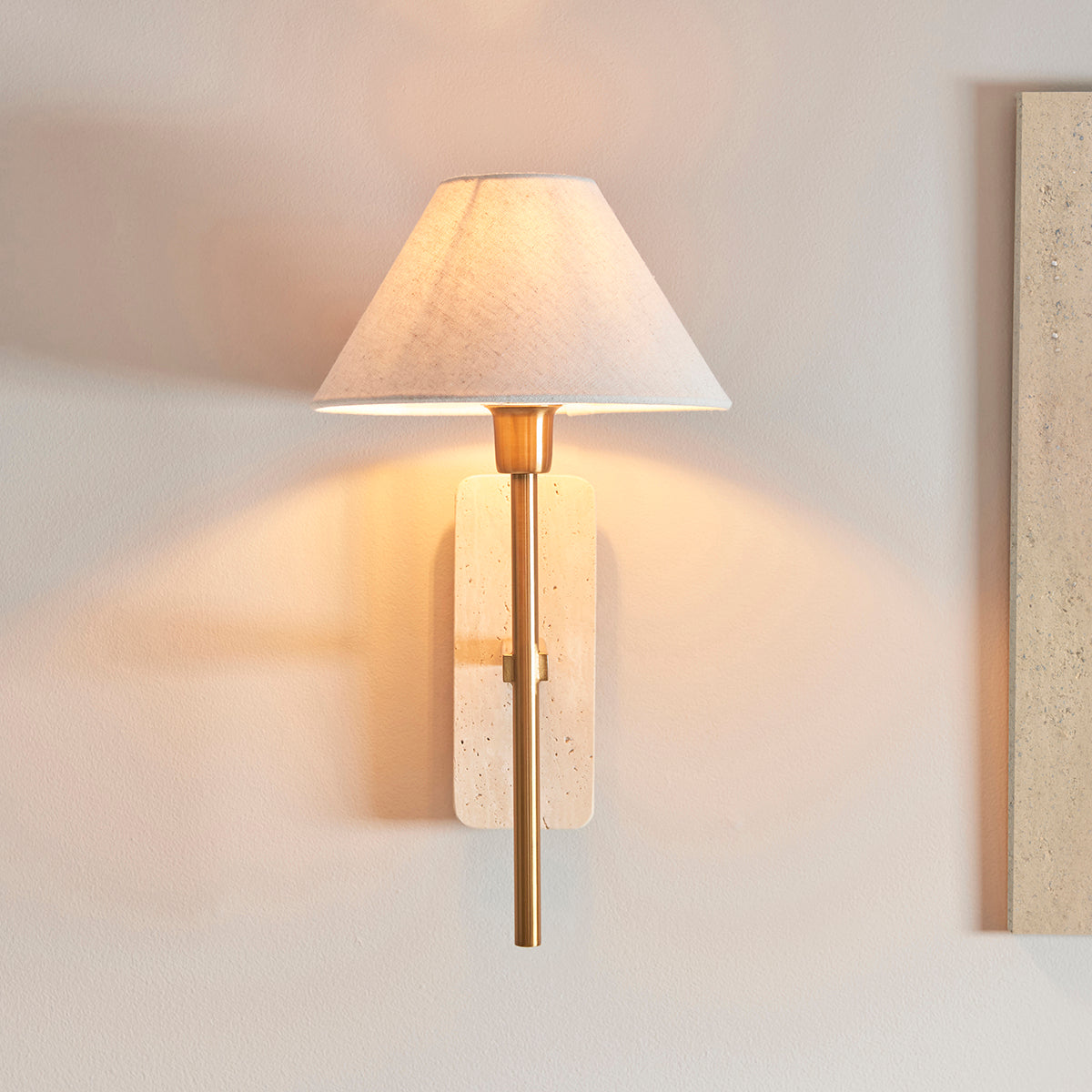 Natural Travertine & Vintage Brass With Natural Linen