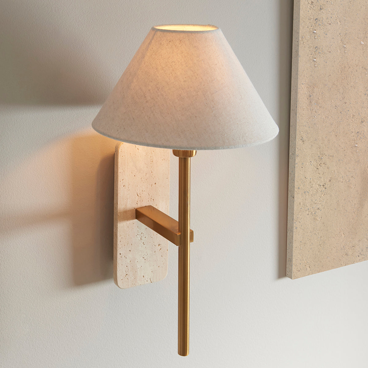 Natural Travertine & Vintage Brass With Natural Linen