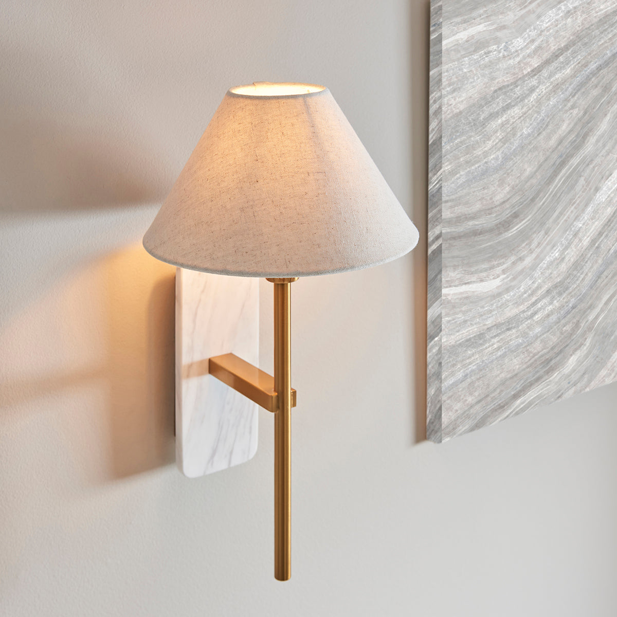 White Volakas Marble & Vintage Brass With Natural Linen