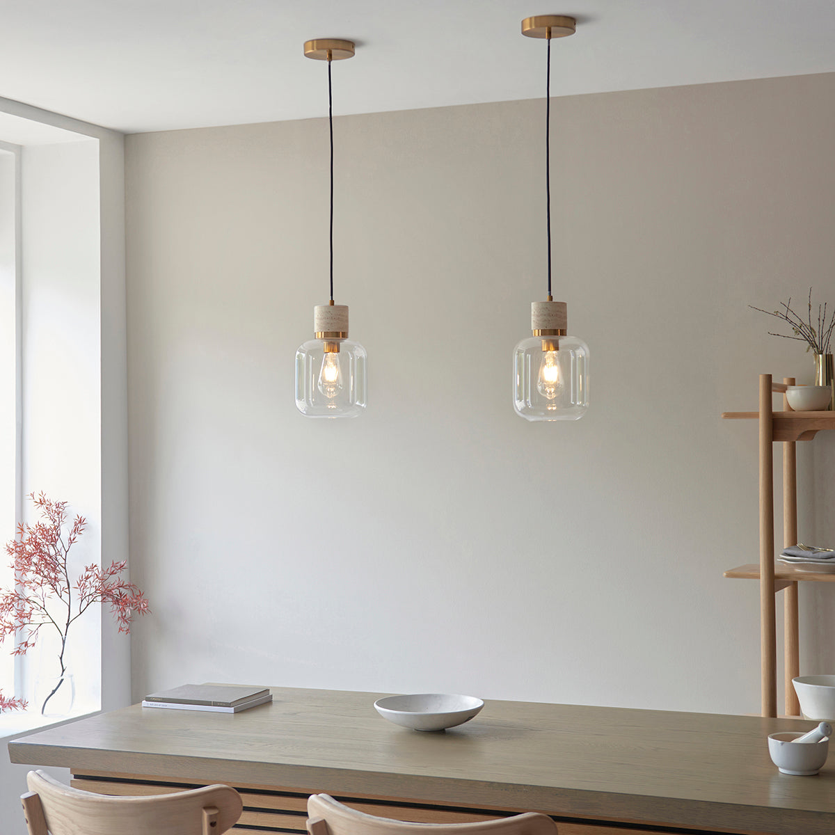 Natural Travertine, Vintage Brass & Clear Glass