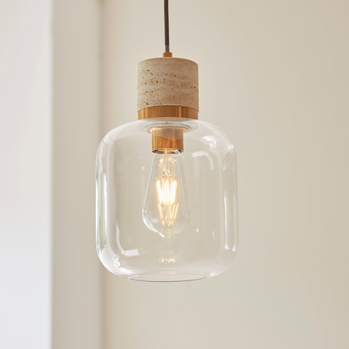 Natural Travertine, Vintage Brass & Clear Glass