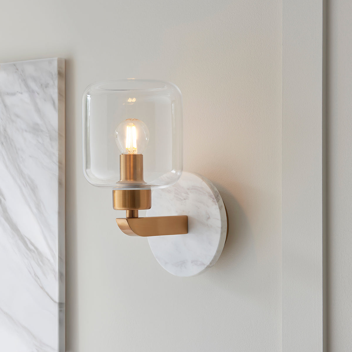 White Volakas Marble, Vintage Brass & Clear Glass