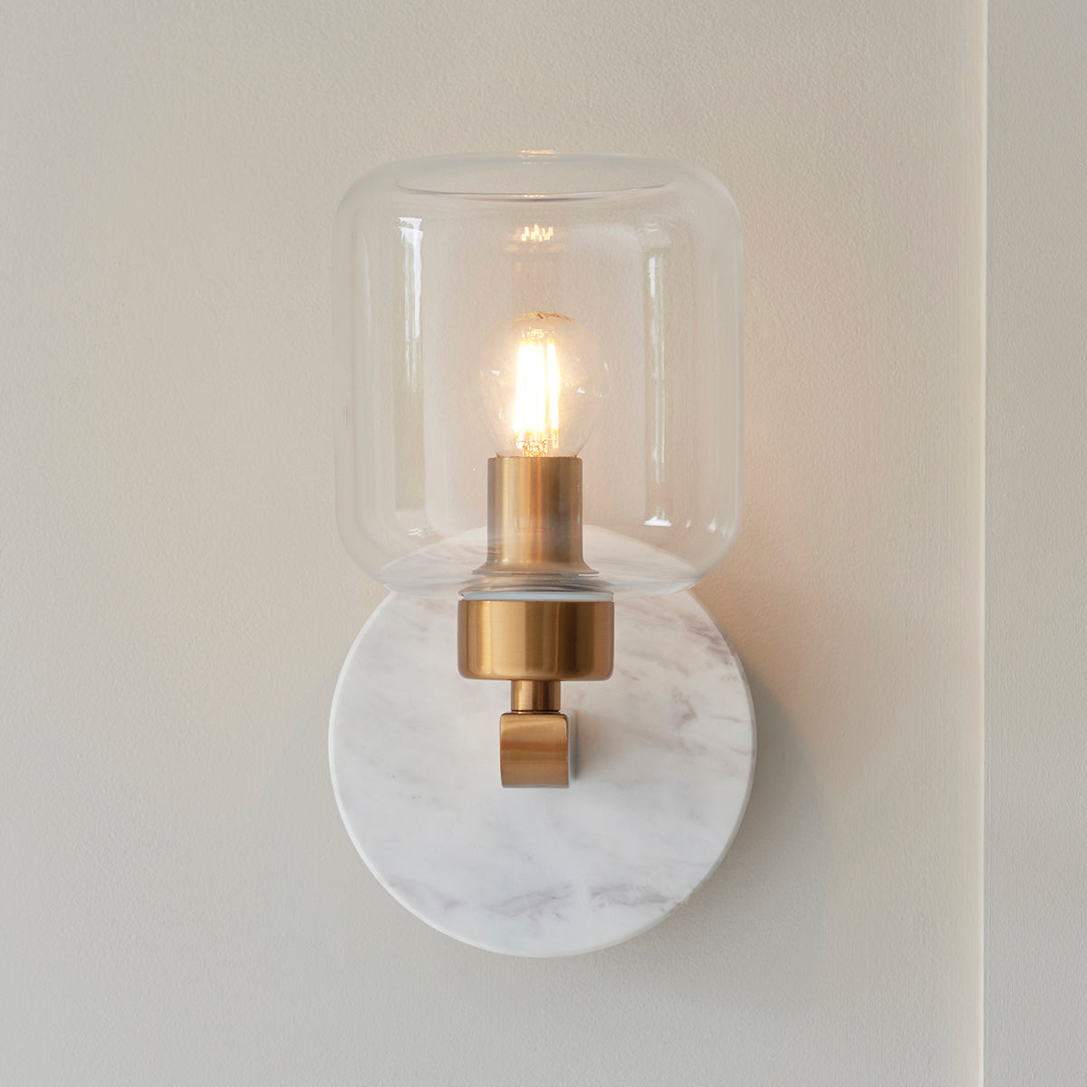 White Volakas Marble, Vintage Brass & Clear Glass