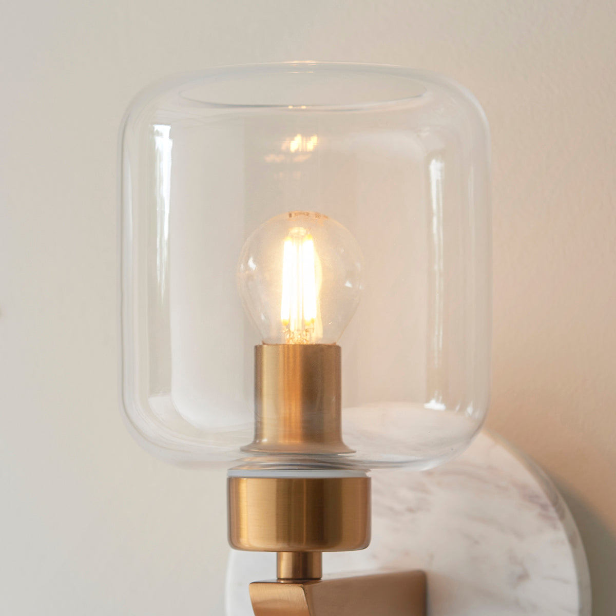 White Volakas Marble, Vintage Brass & Clear Glass