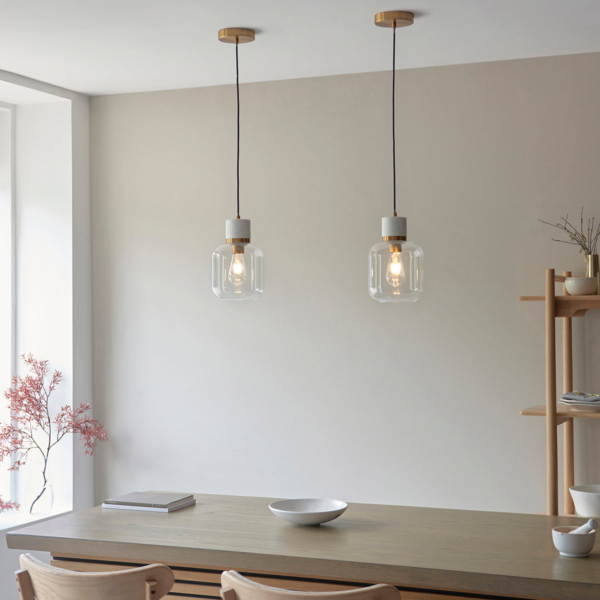 White Volakas Marble, Vintage Brass & Clear Glass