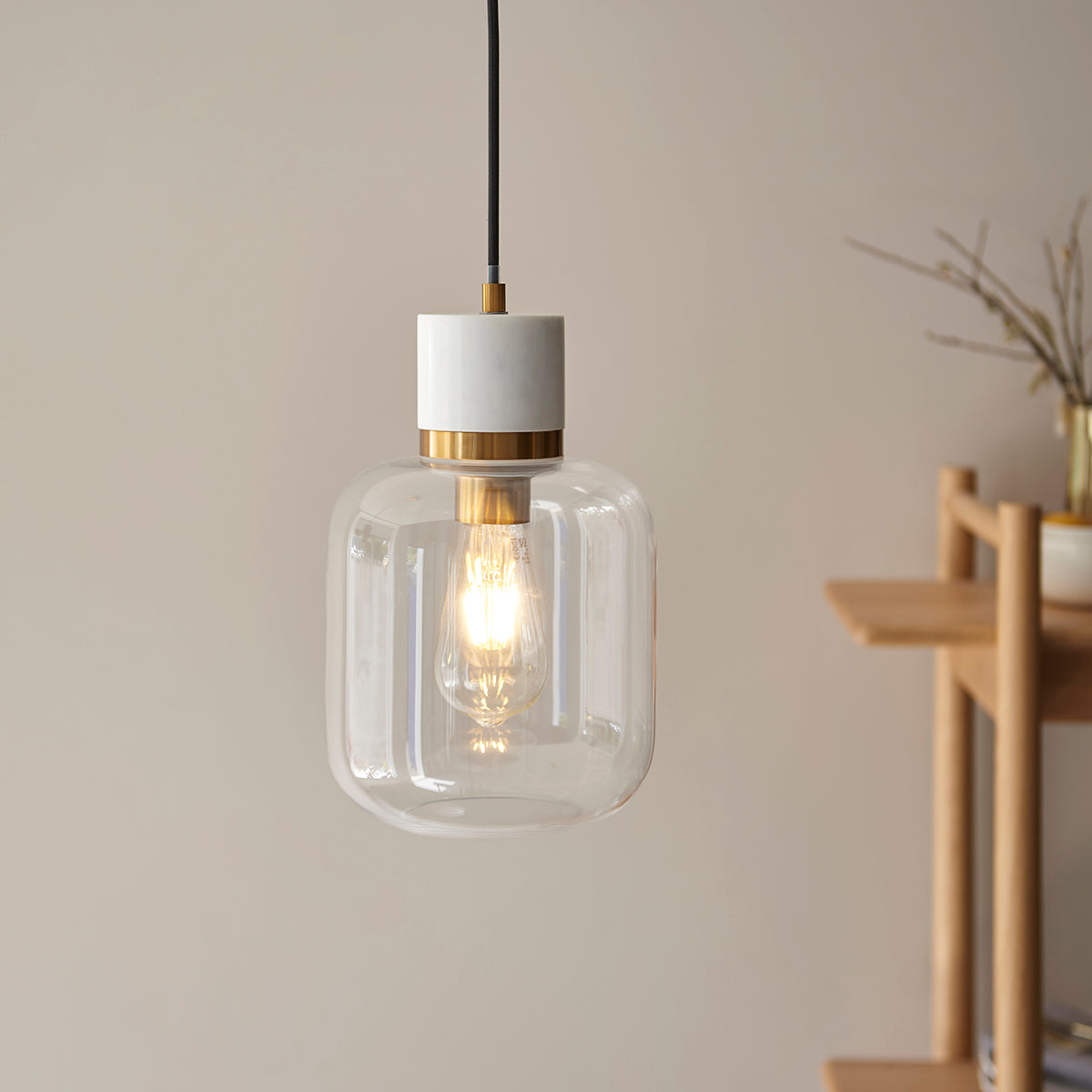 White Volakas Marble, Vintage Brass & Clear Glass
