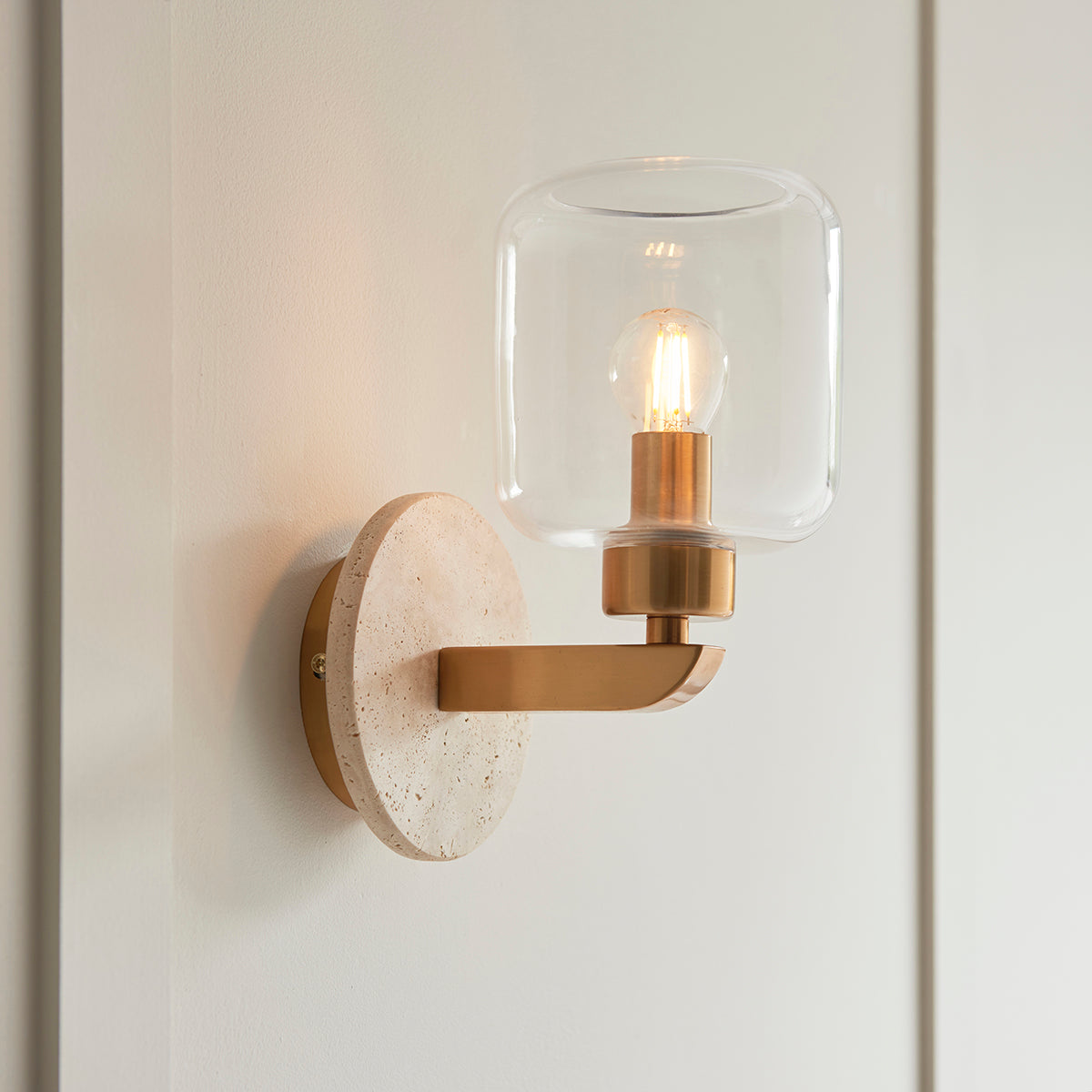 Natural Travertine, Vintage Brass & Clear Glass