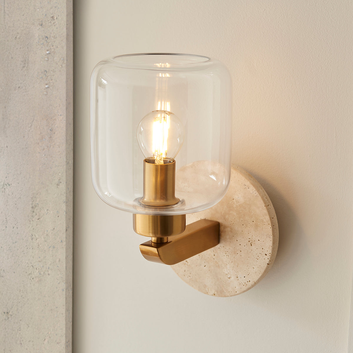 Natural Travertine, Vintage Brass & Clear Glass