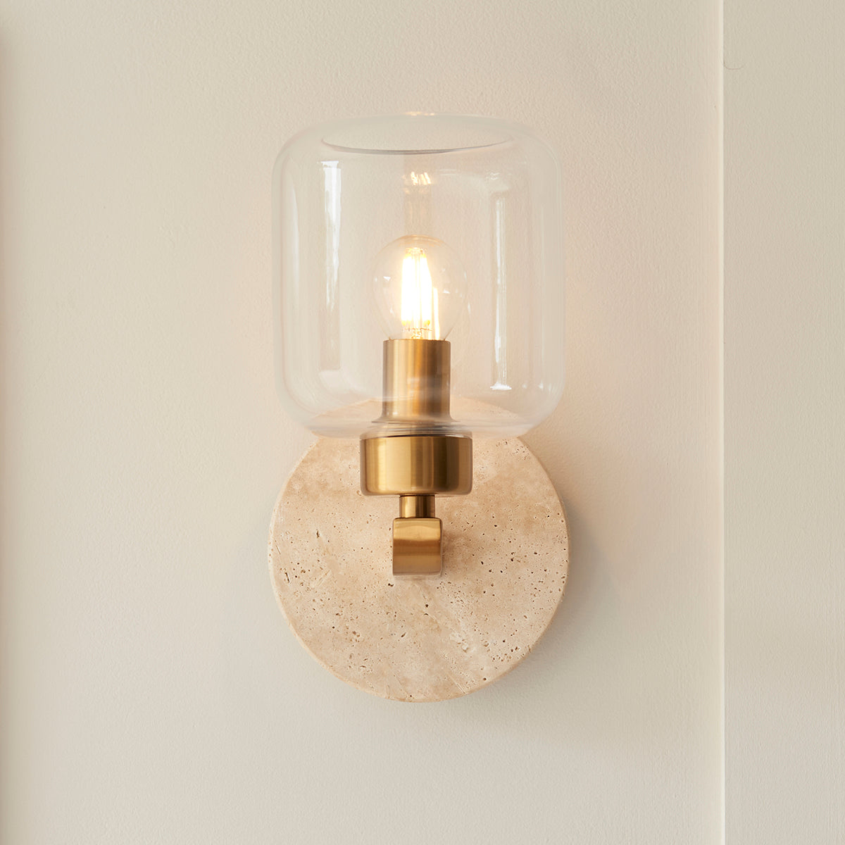 Natural Travertine, Vintage Brass & Clear Glass