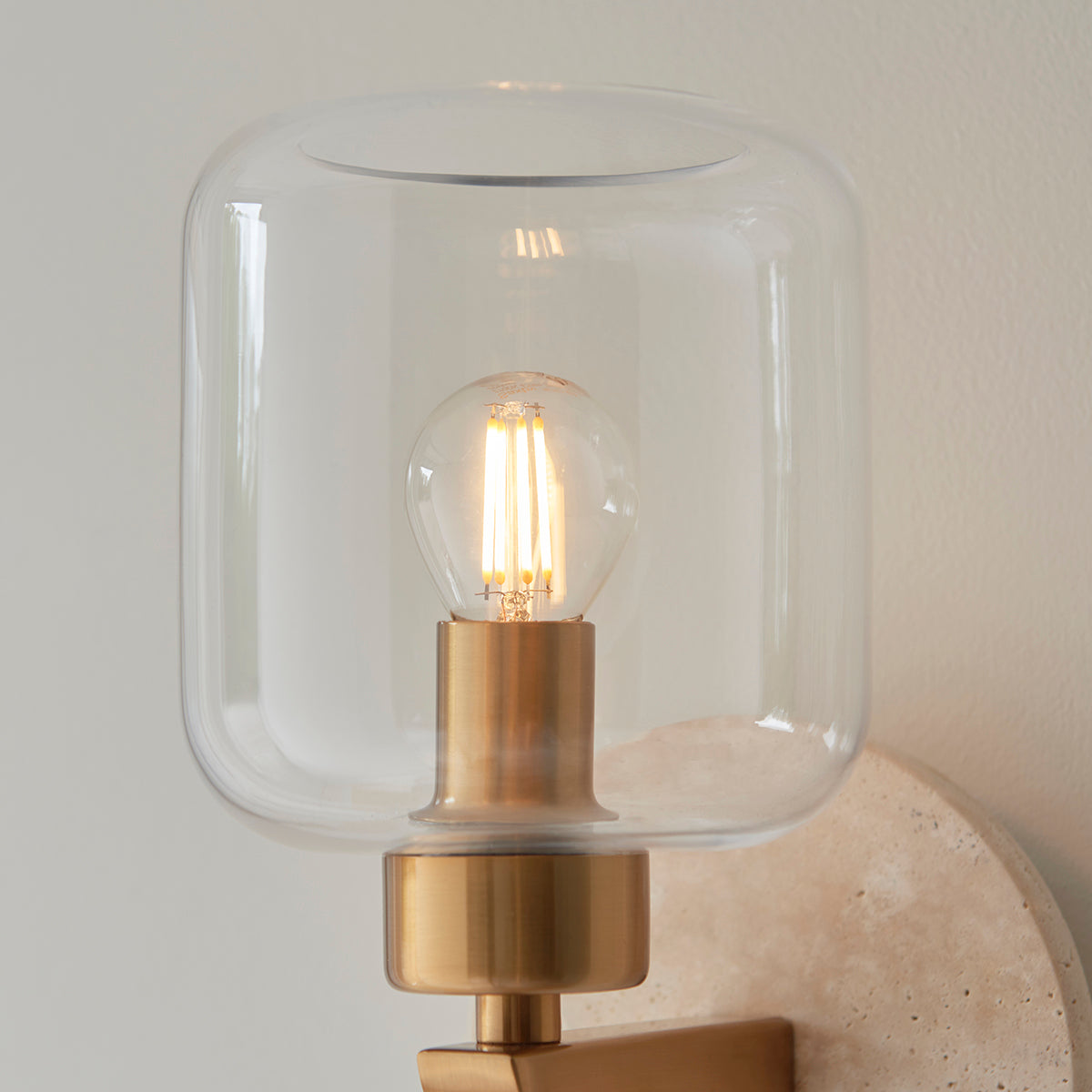 Natural Travertine, Vintage Brass & Clear Glass