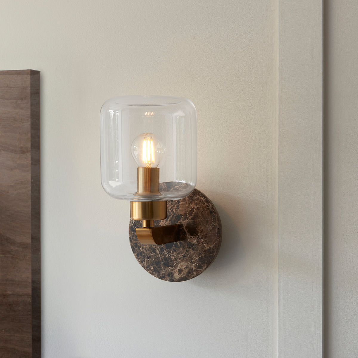 Dark Brown Emperador Marble, Vintage Brass & Clear Glass