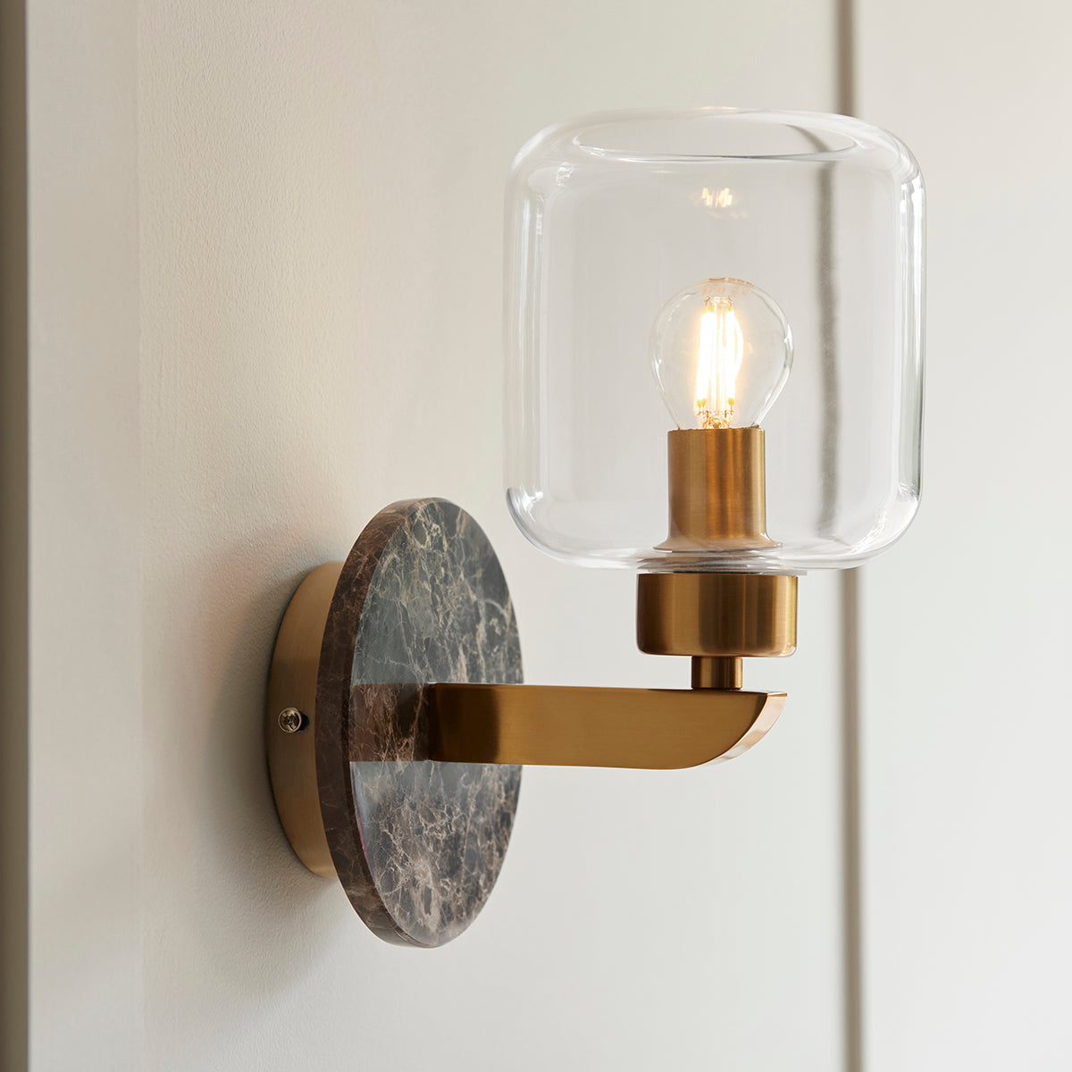 Dark Brown Emperador Marble, Vintage Brass & Clear Glass
