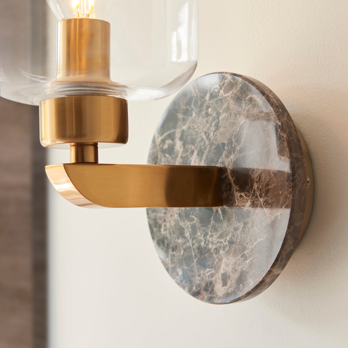 Dark Brown Emperador Marble, Vintage Brass & Clear Glass