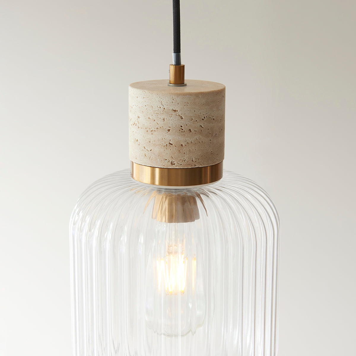 Natural Travertine, Vintage Brass & Clear Ribbed Glass