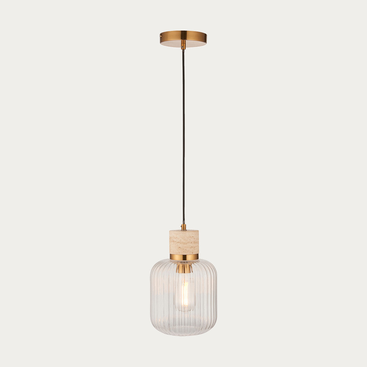 Natural Travertine, Vintage Brass & Clear Ribbed Glass