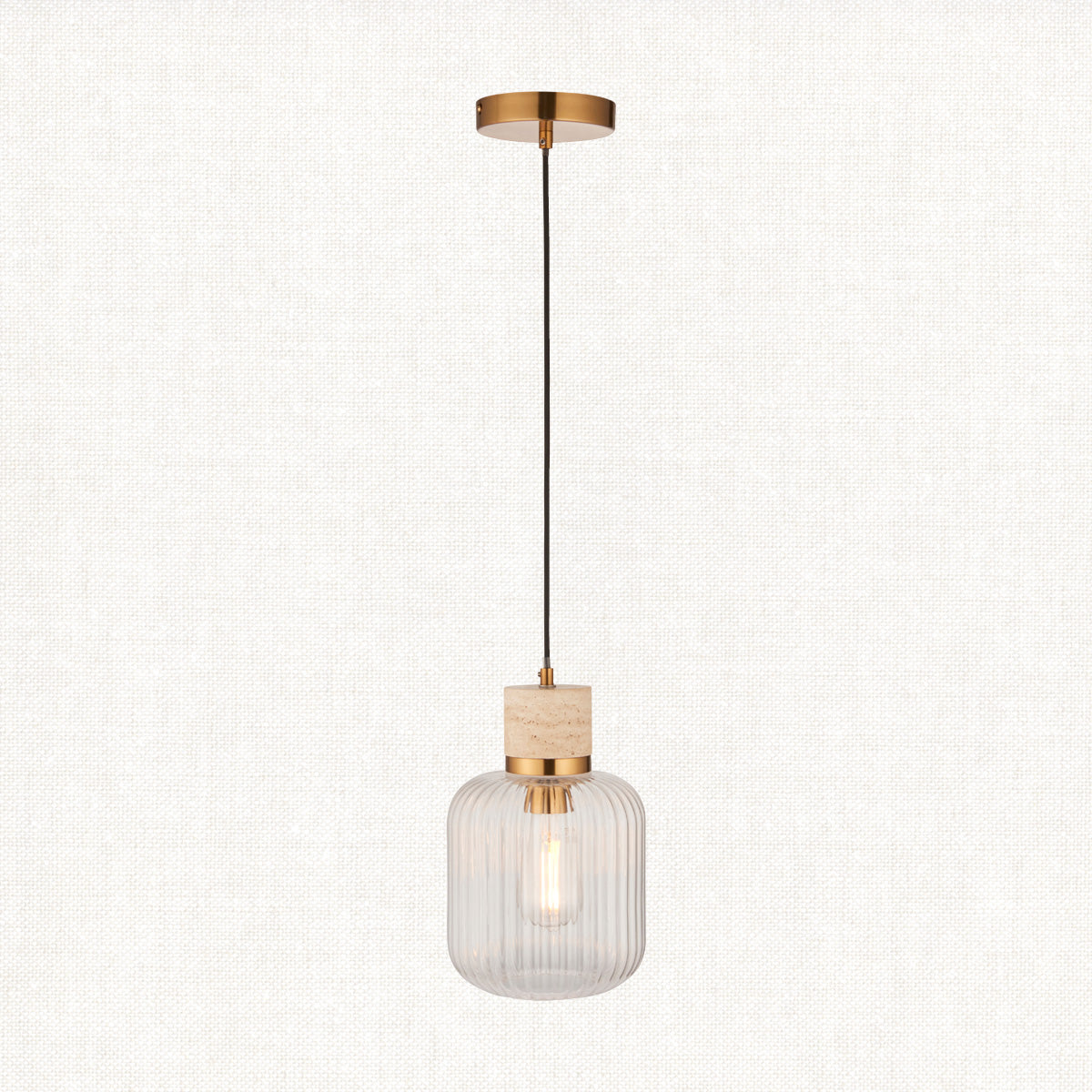 Natural Travertine, Vintage Brass & Clear Ribbed Glass