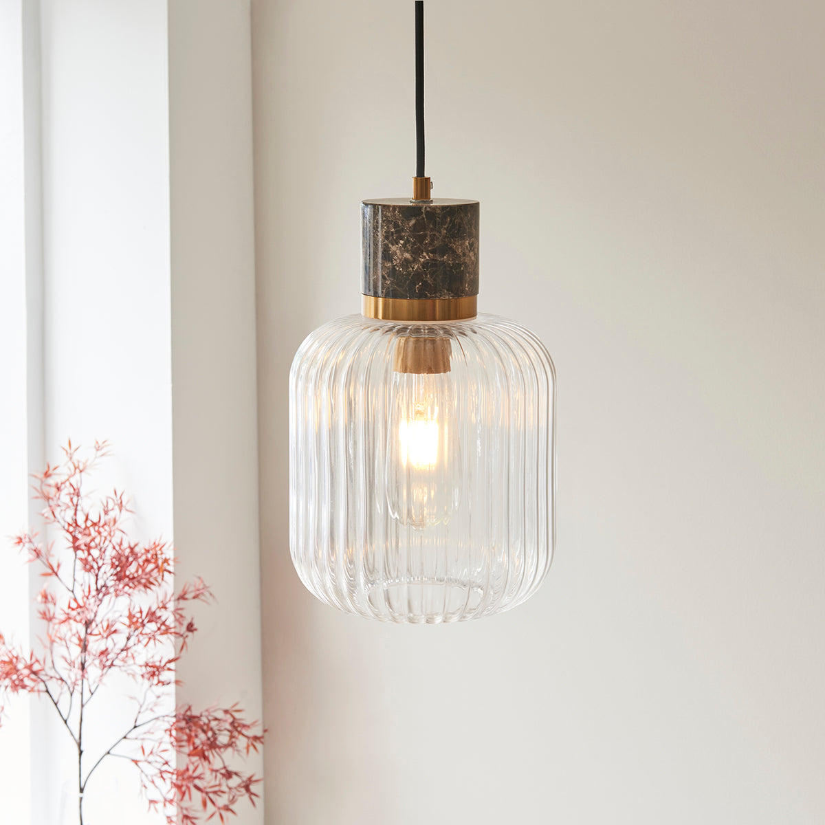 Dark Brown Emperador Marble, Vintage Brass & Clear Ribbed Glass