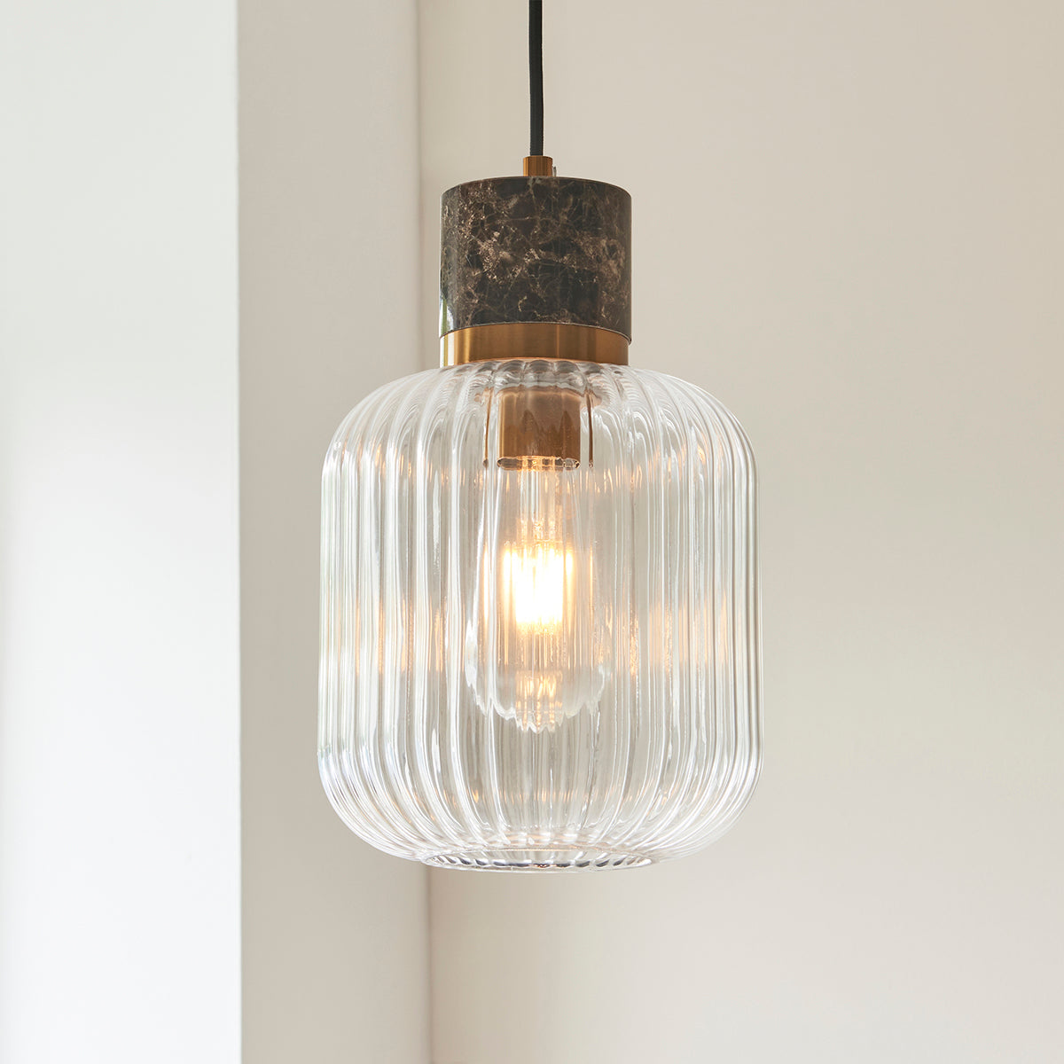 Dark Brown Emperador Marble, Vintage Brass & Clear Ribbed Glass