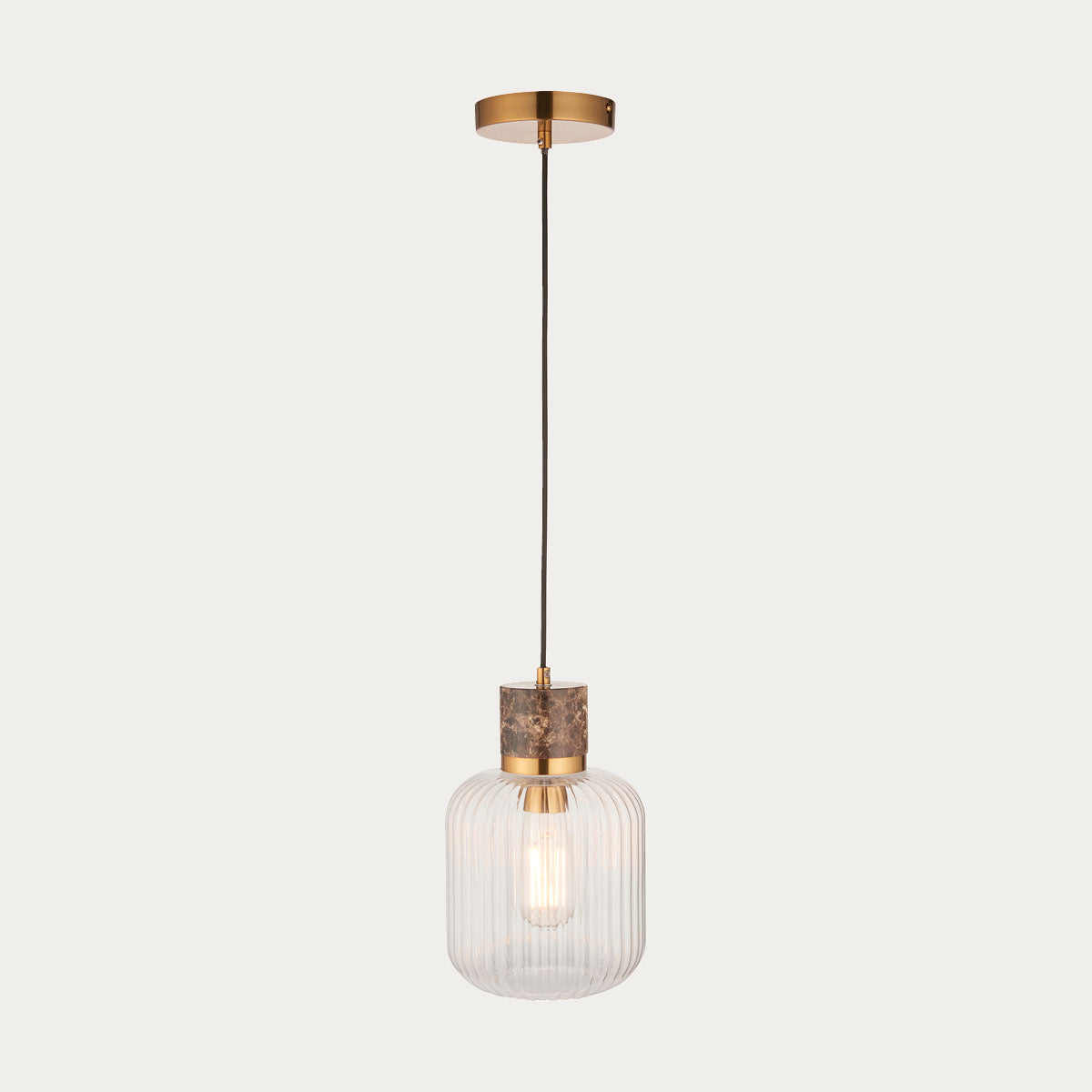 Dark Brown Emperador Marble, Vintage Brass & Clear Ribbed Glass