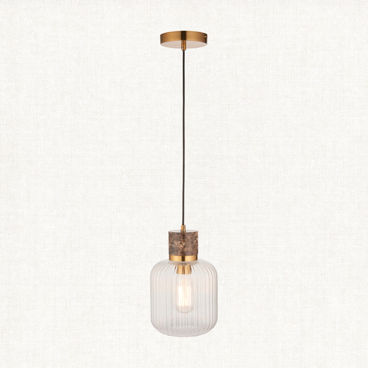 Dark Brown Emperador Marble, Vintage Brass & Clear Ribbed Glass
