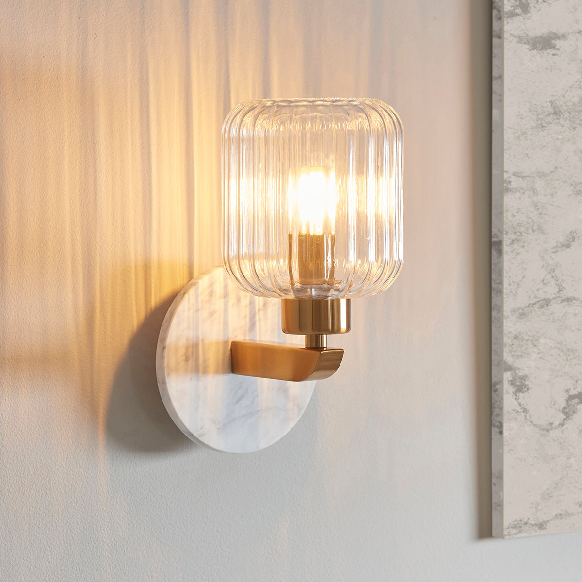White Volakas Marble, Vintage Brass & Clear Ribbed Glass