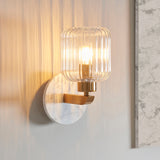 White Volakas Marble, Vintage Brass & Clear Ribbed Glass
