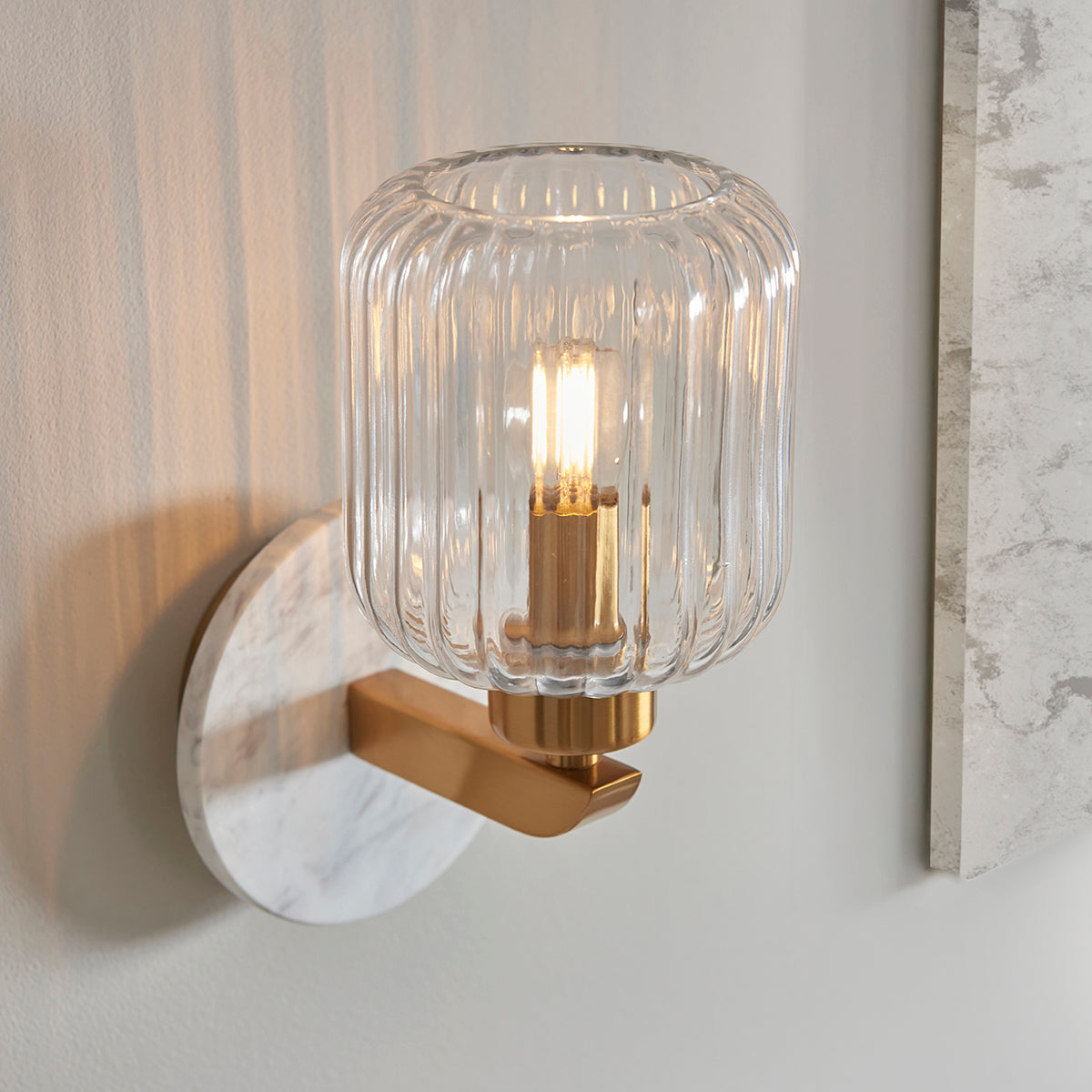 White Volakas Marble, Vintage Brass & Clear Ribbed Glass