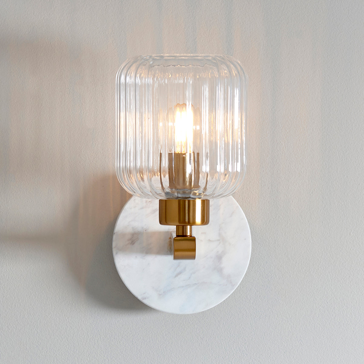 White Volakas Marble, Vintage Brass & Clear Ribbed Glass